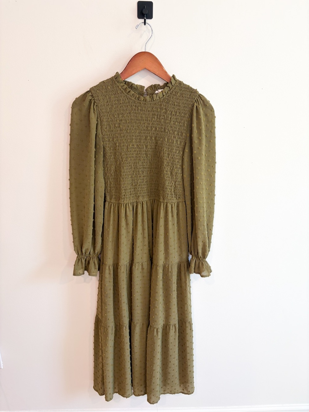 Anthropologie By the River Swiss Dot Olive Green Smocked Midi Dress Size Medium